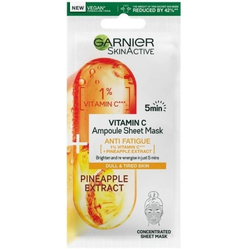 غارنييه أمبولة قناع سكين أكتيف الورقي ١٪ فيتامين سي × الأناناس غارنييه أمبولة قناع سكين أكتيف الورقي ١٪ فيتامين سي × الأناناس