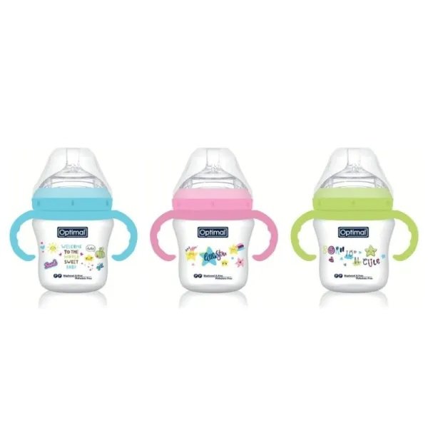 Optimal Mamilla Extra Wide Neck With Handle Double Anti Colic 6m+ 300 ml ( Blue-Pink-Green)