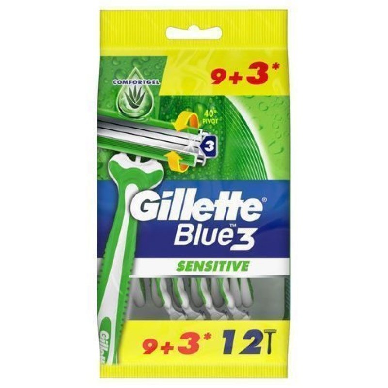 Gillette Blue3 Sensitive Disposable Razors With Comfort Gel 9+3 Count