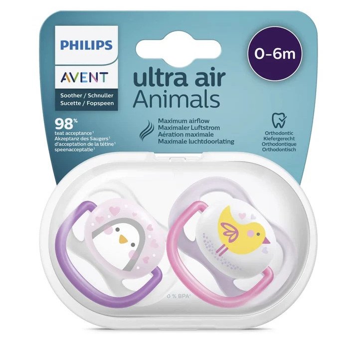 Philips Avent Ultra Air Animals Soother 0-6m 2 Pcs ( Pink-Purple )